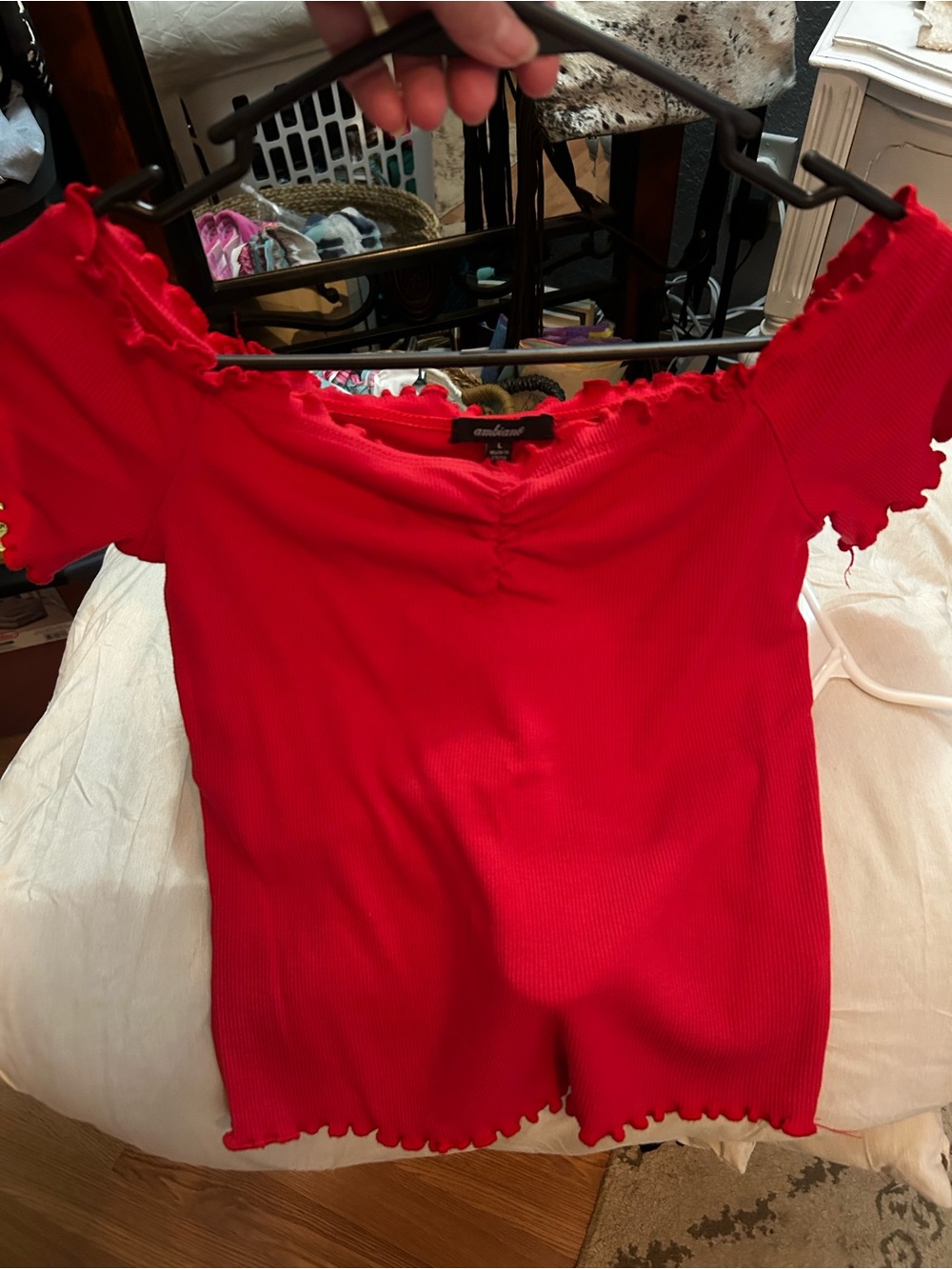 Ambiance Red Ribbed Scoop Crop Top with Lettuce Hem - Picture 5 of 6